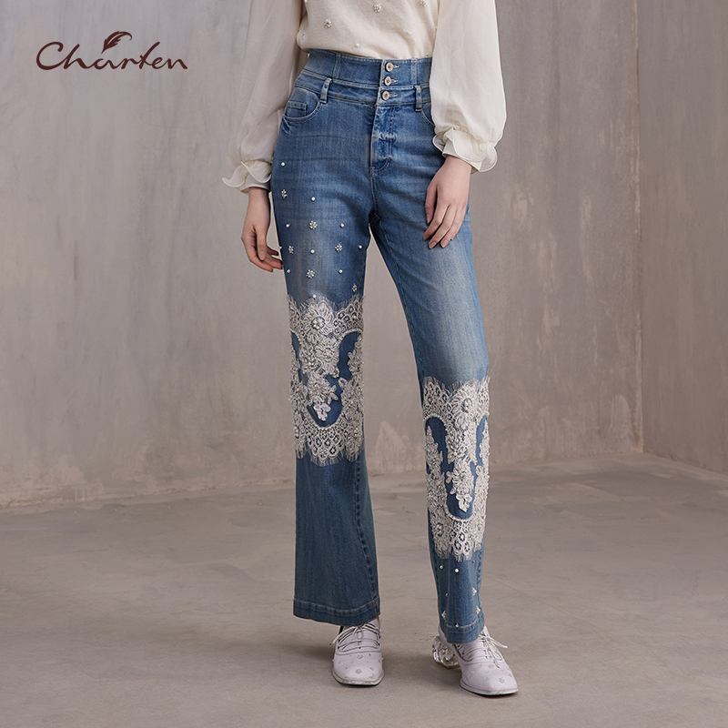CHARFEN朝峰优雅名媛修身显瘦蕾丝刺绣牛仔裤女CFE3F808-8027P