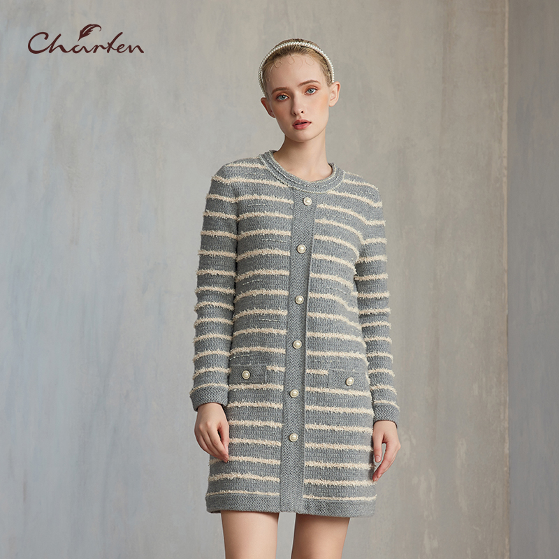 小香风条纹显瘦针织连衣裙