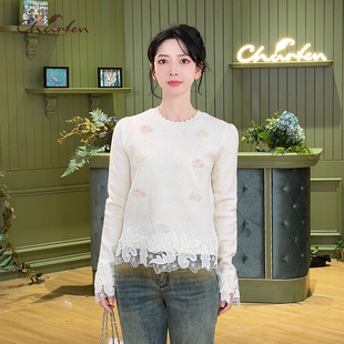 CHARFEN设计感针织上衣白色圆领花朵百搭显瘦毛衣CFE5D301-3159C