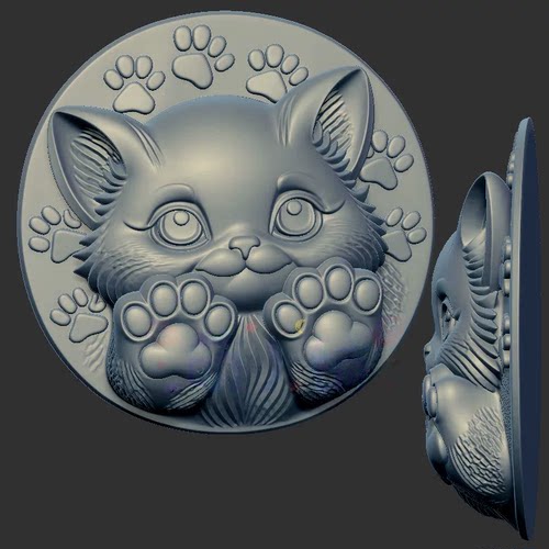 小猫圆牌吊坠猫三维立体图3d打印stl文件圆雕图雕刻机3d模型2634