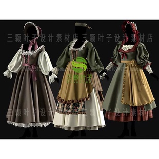 MD+Clo3d欧美复古风洛丽塔套装3D模型 帽子连衣裙 服装素材代下