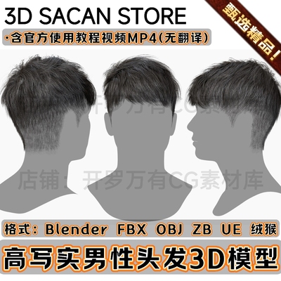 3DScanStore写实毛发男性角色插片锅盖发型头发3D模型Blender FBX
