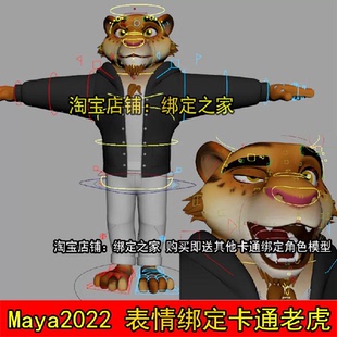 maya2022表情绑定拟人化卡通角色动物老虎模型带骨骼贴图控制器