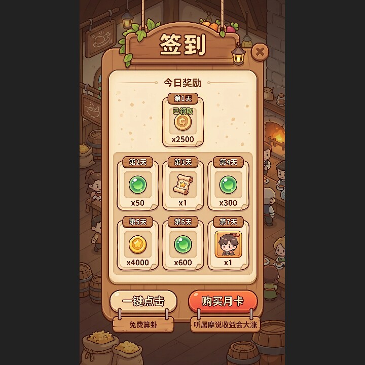 Q版卡通手绘古风木质酒馆餐厅每日签到系统UI界面设计素材GUI模板图片