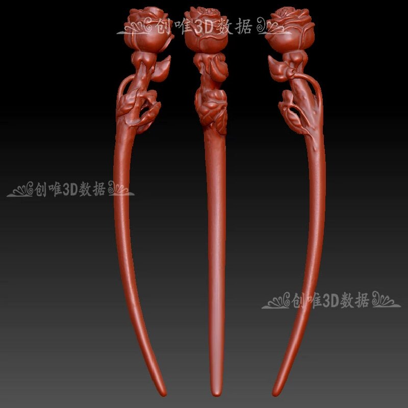 玫瑰花发叉发簪三维立体图圆雕图stl文件雕刻机3d模型818