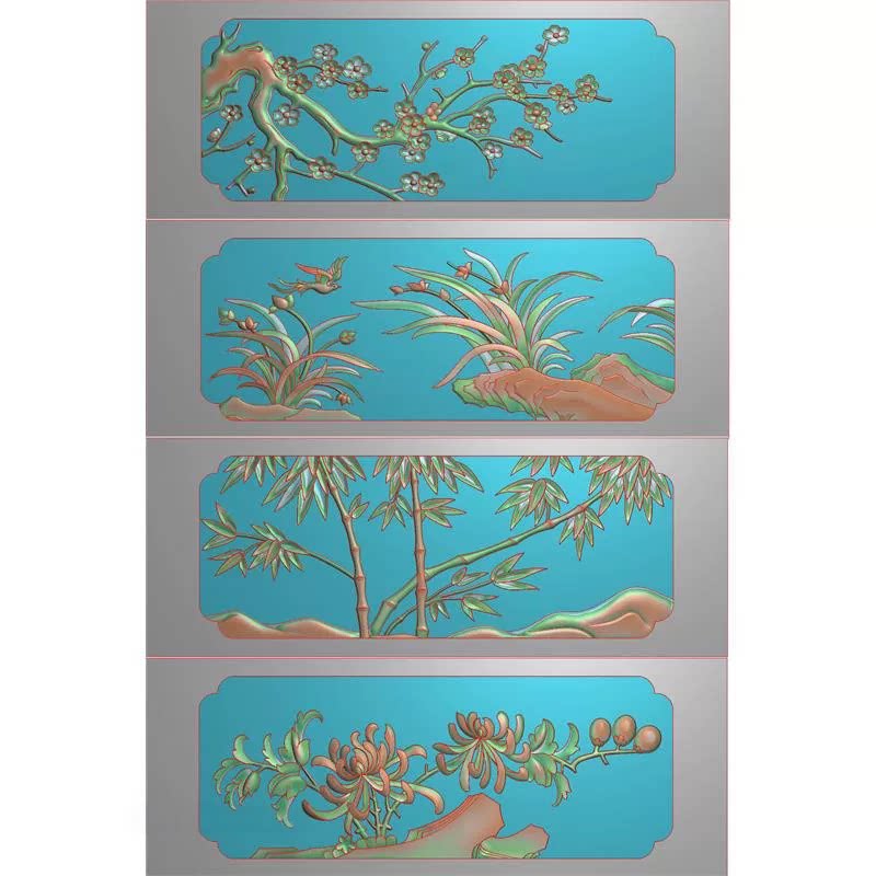 石雕花草栏板梅兰竹菊横板围板梅花兰花竹子菊花精雕图浮雕灰度图