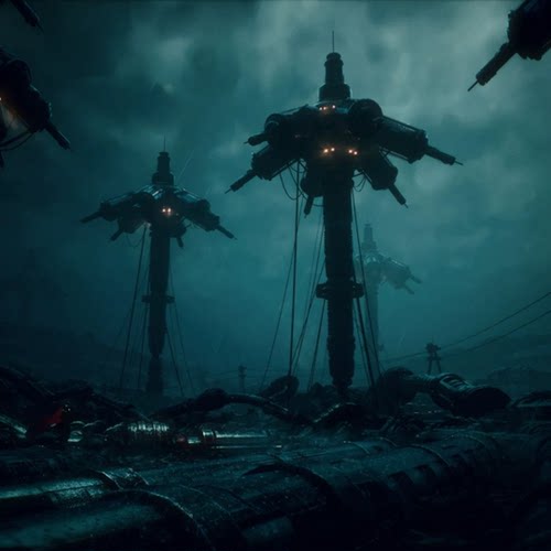 UE5.4雨中未来科幻赛博朋克能量高塔管道电线SciFi Offworld