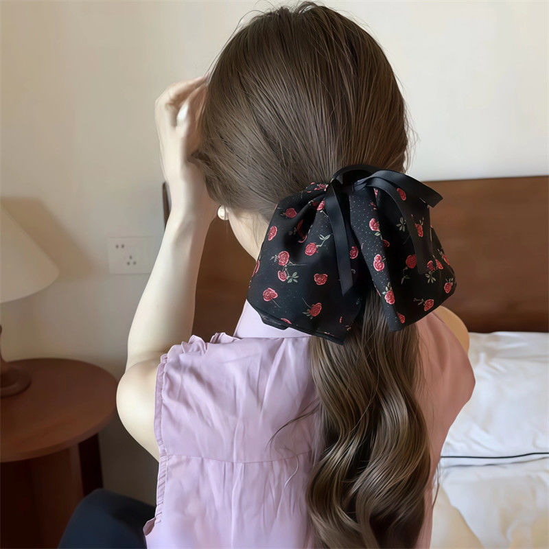 复古优雅蝴蝶结法式浪漫蔷薇碎花大肠发圈女低马尾发绳半扎发头绳