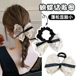 法式布艺白色蕾丝蝴蝶结大肠发圈韩版女生扎马尾丸子头新款高级感