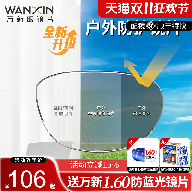 万新变色防蓝光镜片膜变室内户外防护变色近视眼镜片变灰色非球面
