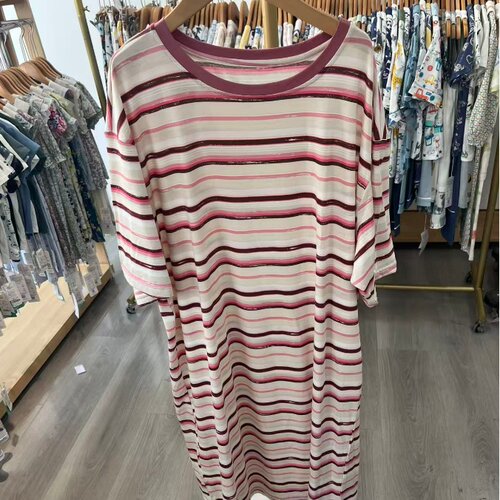 新款女士夏季短袖圆领条纹宽松可外穿睡裙家居服