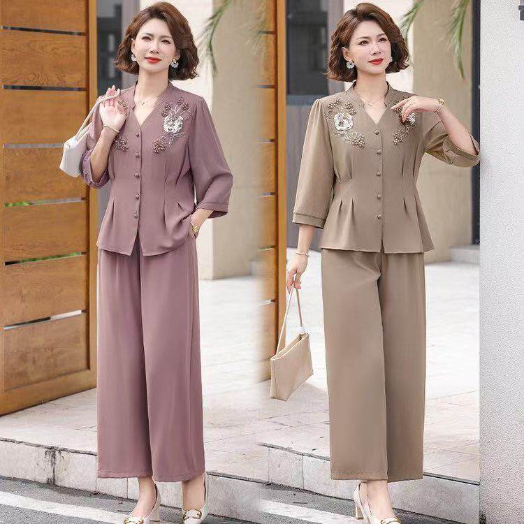 新款妈妈装春装时尚套装宽松气质中年女装宽松两件套显瘦上衣裤子