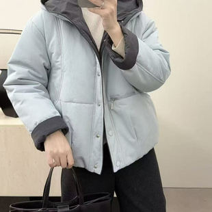 时尚连帽加绒加厚棉衣外套女2025冬新款宽松显瘦百搭撞色加绒棉衣