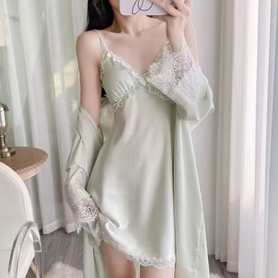 性感睡衣女夏冰丝吊带睡裙睡袍两件套蕾丝薄款 带胸垫高级感家居服