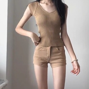 冰丝别致甜辣妹上衣潮 韩版 冰丝针织短袖 女2025夏季 外穿V领飞飞袖