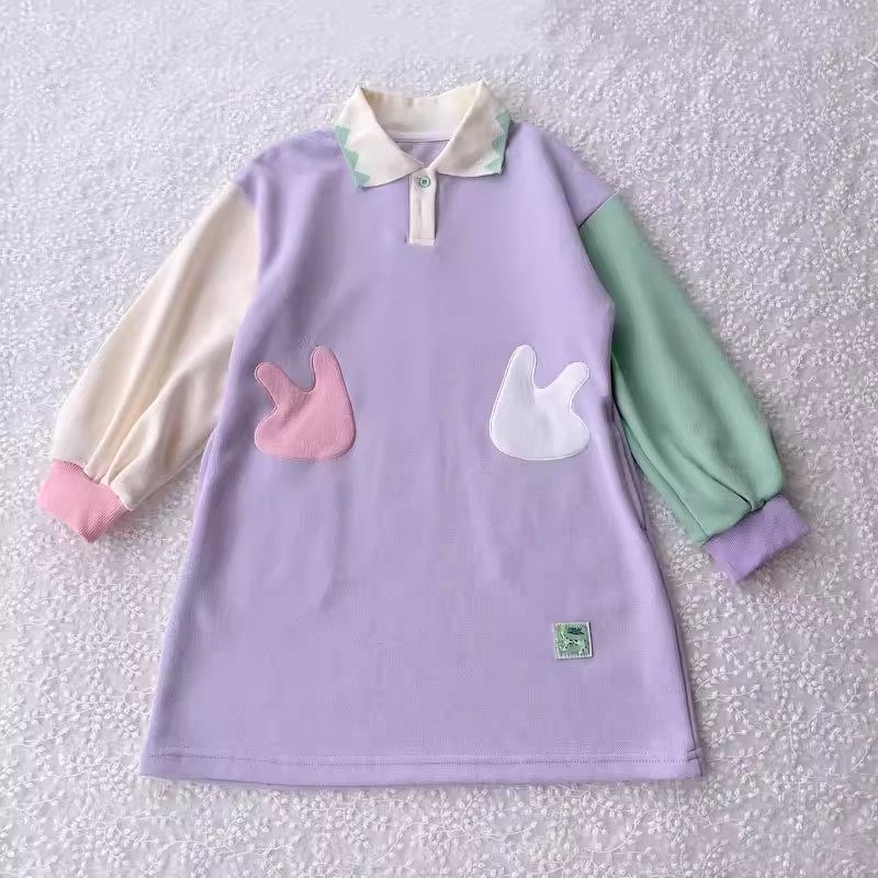 150 160清货 女童纯棉可爱小兔子紫拼米色长袖休闲Polo翻领连衣裙,童装/婴儿装/亲子装,连衣裙,淘宝优惠券,粉丝福利购,淘宝优惠卷