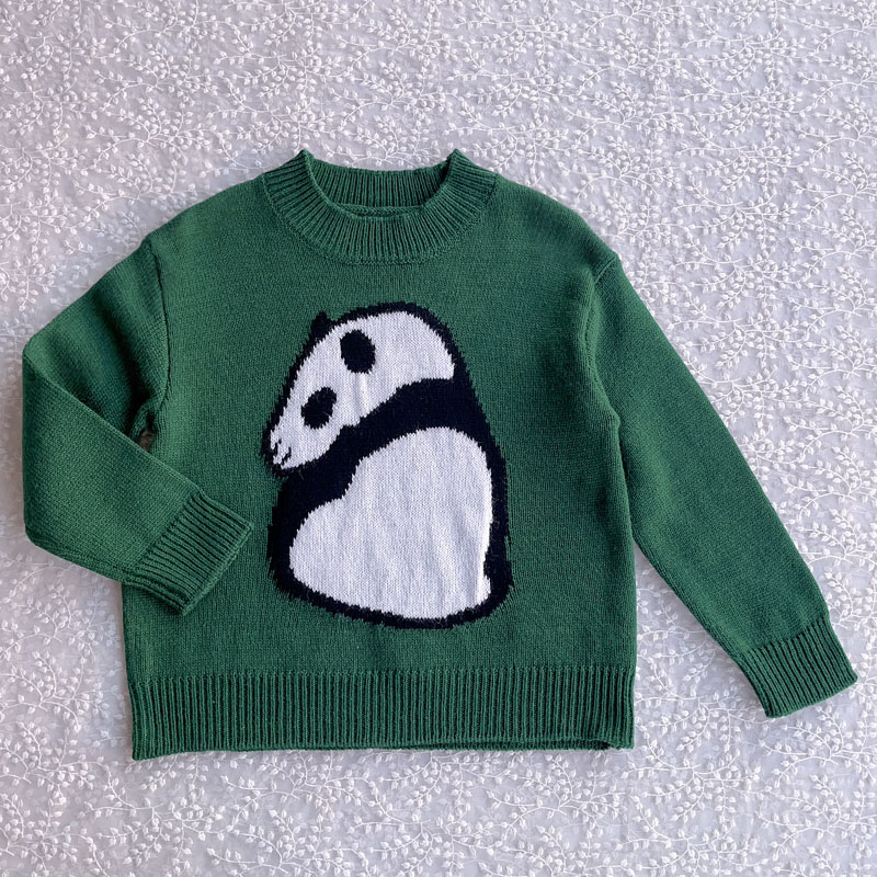 2023新品  男童中大童宽松款绿色可爱熊猫织花圆领套头针织毛衣