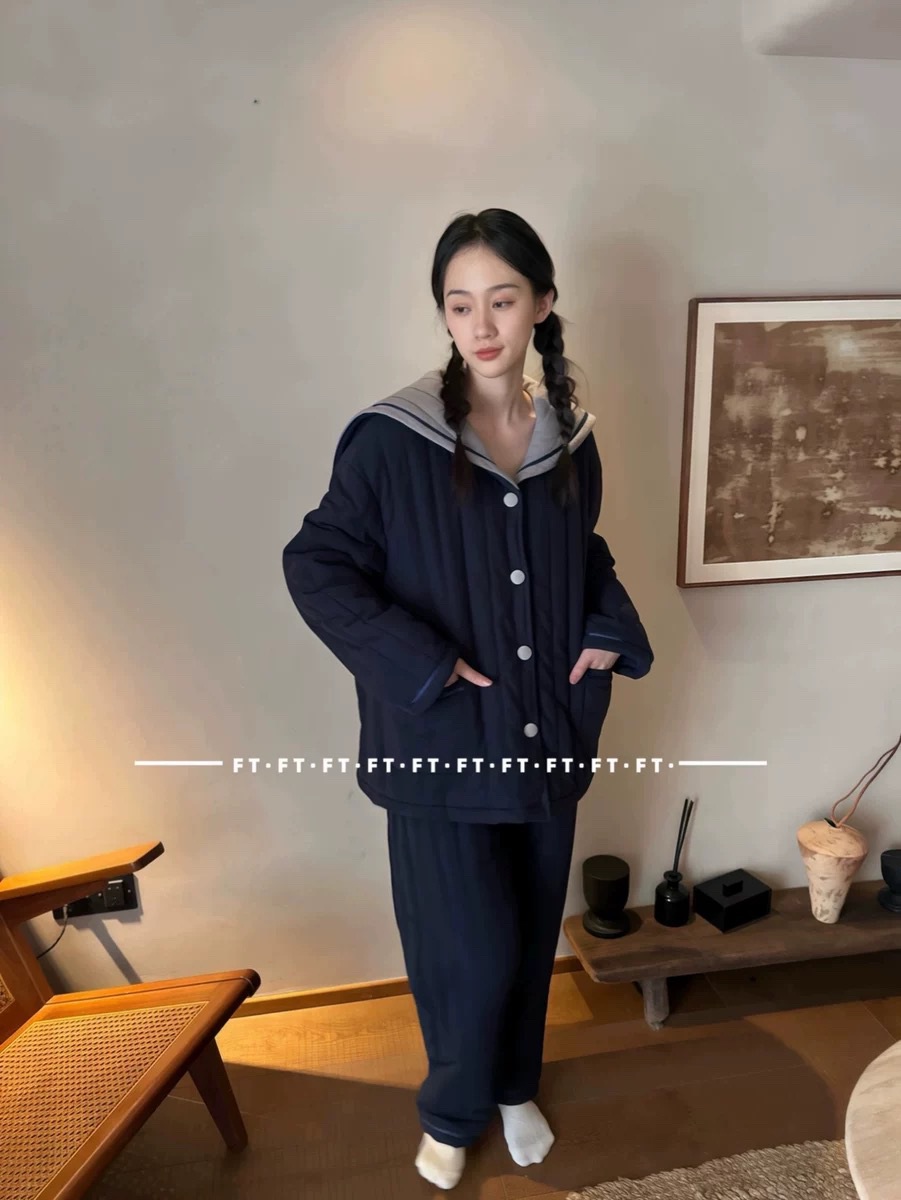 FT原创三层夹棉睡衣女磨毛加绒加厚韩版学院风桑蚕棉可外穿家居服