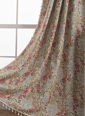 遮阳窗帘半遮光遮人绿色花朵提花流苏出租屋飘窗窗帘成品DD43