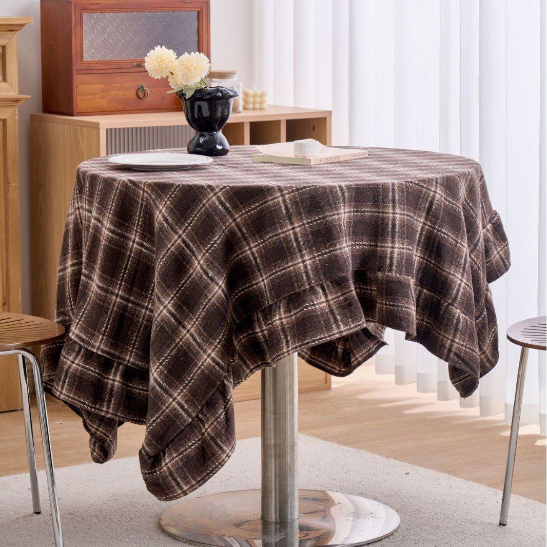 桌布格子色织圆形荷叶边氛围感餐桌客厅布艺DD06