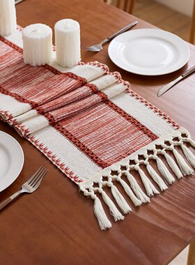 棉麻风桌旗流苏打结小清新鼠尾草绿色节日派对餐桌装饰茶几桌DD15