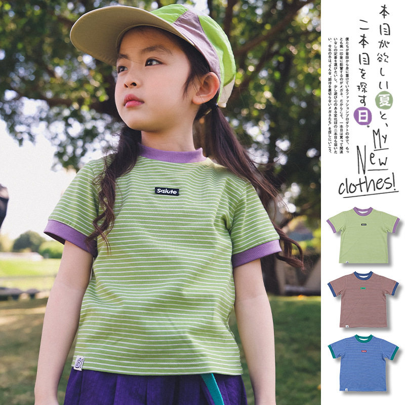 女童条纹短袖t恤2026夏季新款户外风儿童撞色多巴胺半袖上衣童装