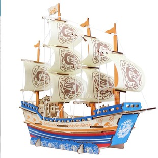 拼装 3d积木质拼图适合大人解压玩 玩具一帆风顺手工制作帆船模型