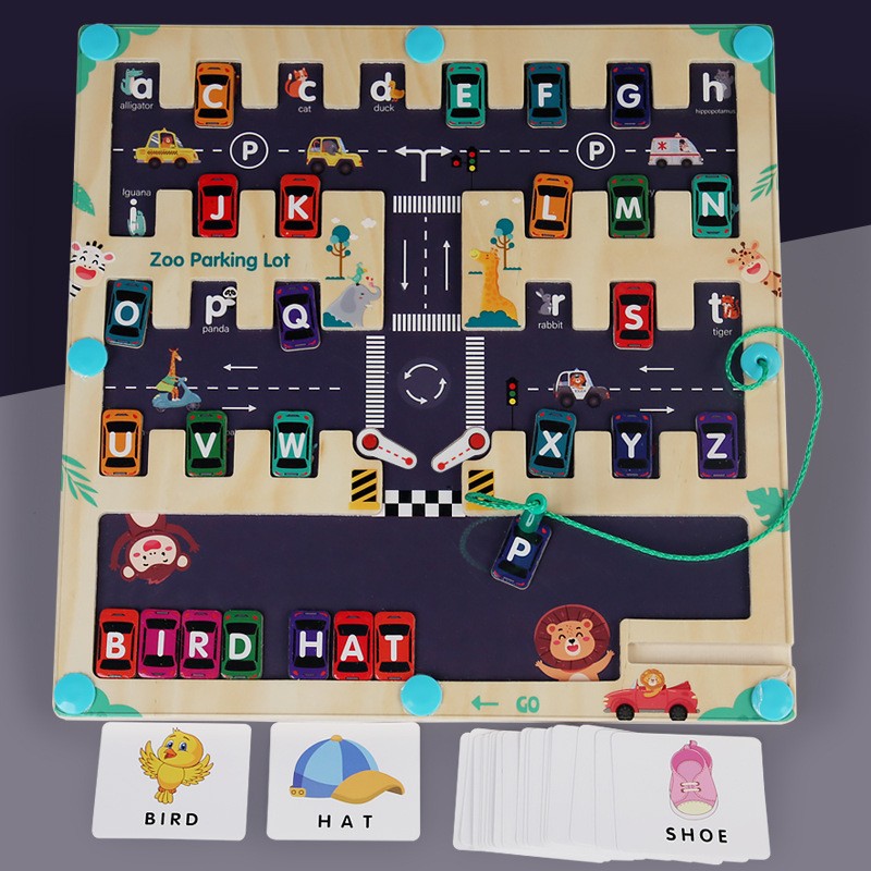 木质磁力迷宫走珠小汽车英文字母配对移车走位儿童益智玩具AC35