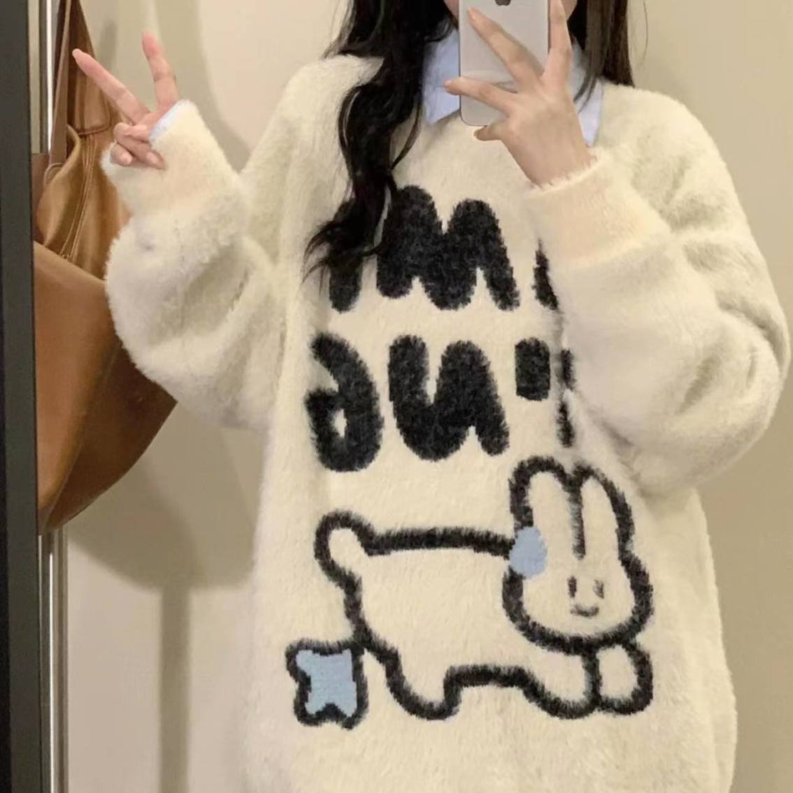 学院风甜美可爱小兔软糯毛衣女学生秋冬新款小个子宽松百搭针织衫