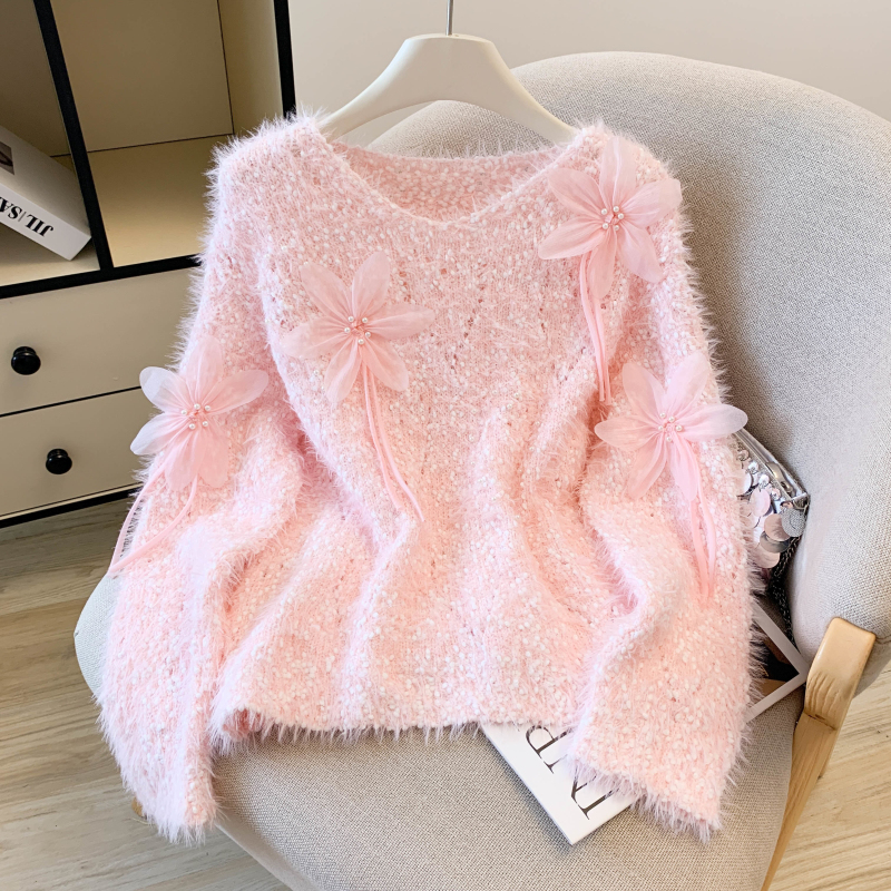 仿水貂绒软糯V领套头针织毛衣女秋冬时尚法式设计感钉珠花朵上衣