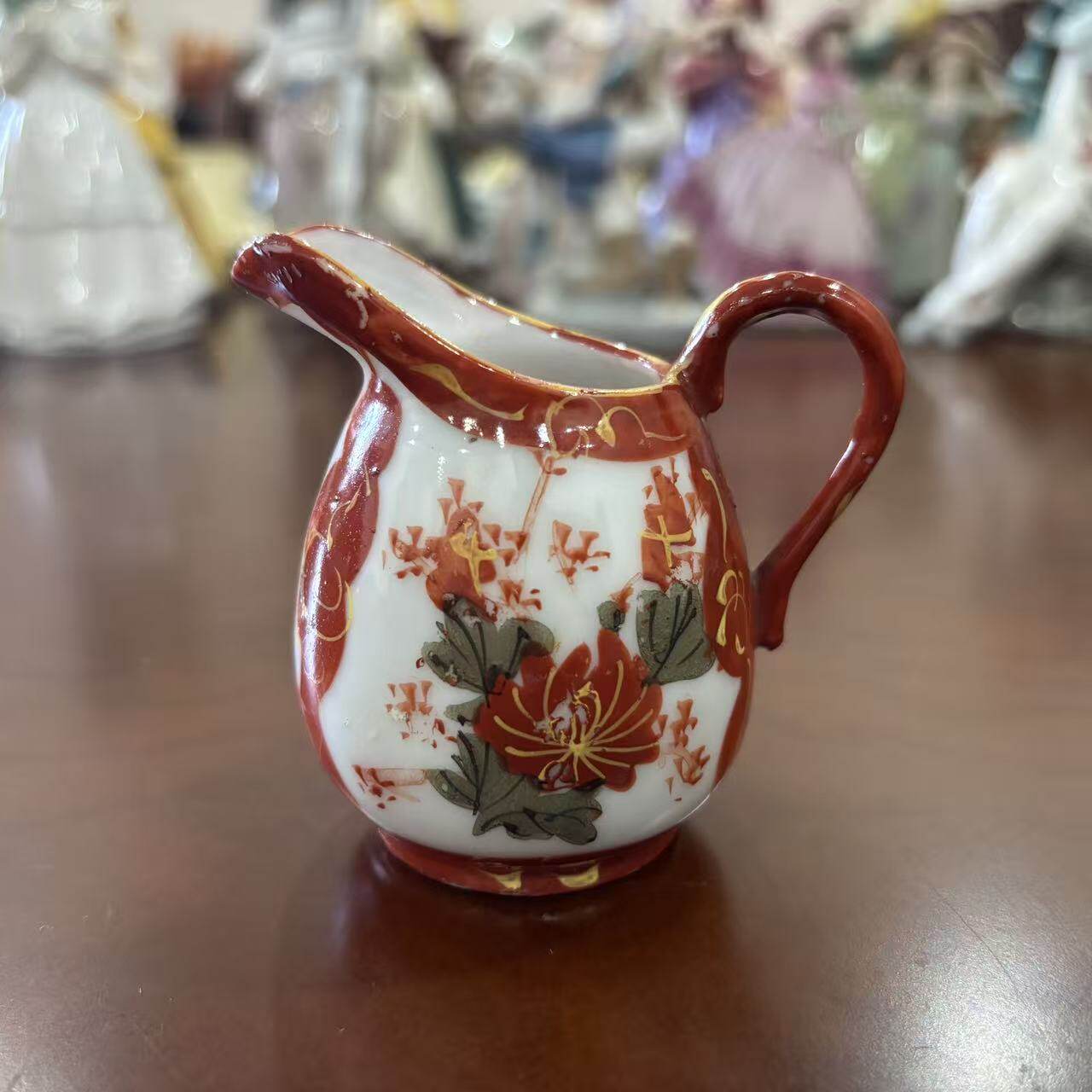 日本中古收藏瓷器 九谷赤绘手绘花卉水壶 小瓷壶摆件 迷你奶壶