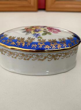 PM 德国 Dresden 中古椭圆首饰盒 描金花卉盖罐 摆件收藏化妆品盒