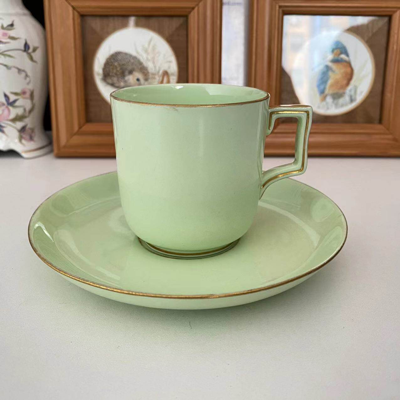 William Brownfield 英国 19世纪 古董鎏金豆青色茶杯 豆绿咖啡杯