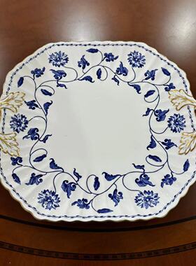 Spode 斯波德 Blue Colonel 描金蓝花中古双耳蛋糕盘 手绘摆件碟