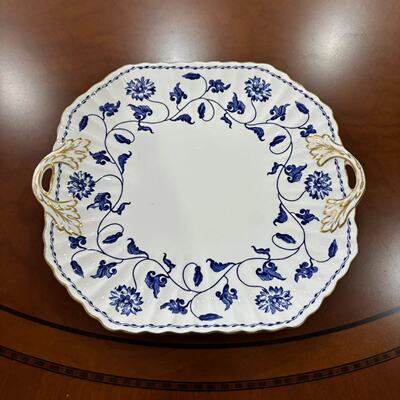 Spode 斯波德 Blue Colonel 描金蓝花中古双耳蛋糕盘 手绘摆件碟