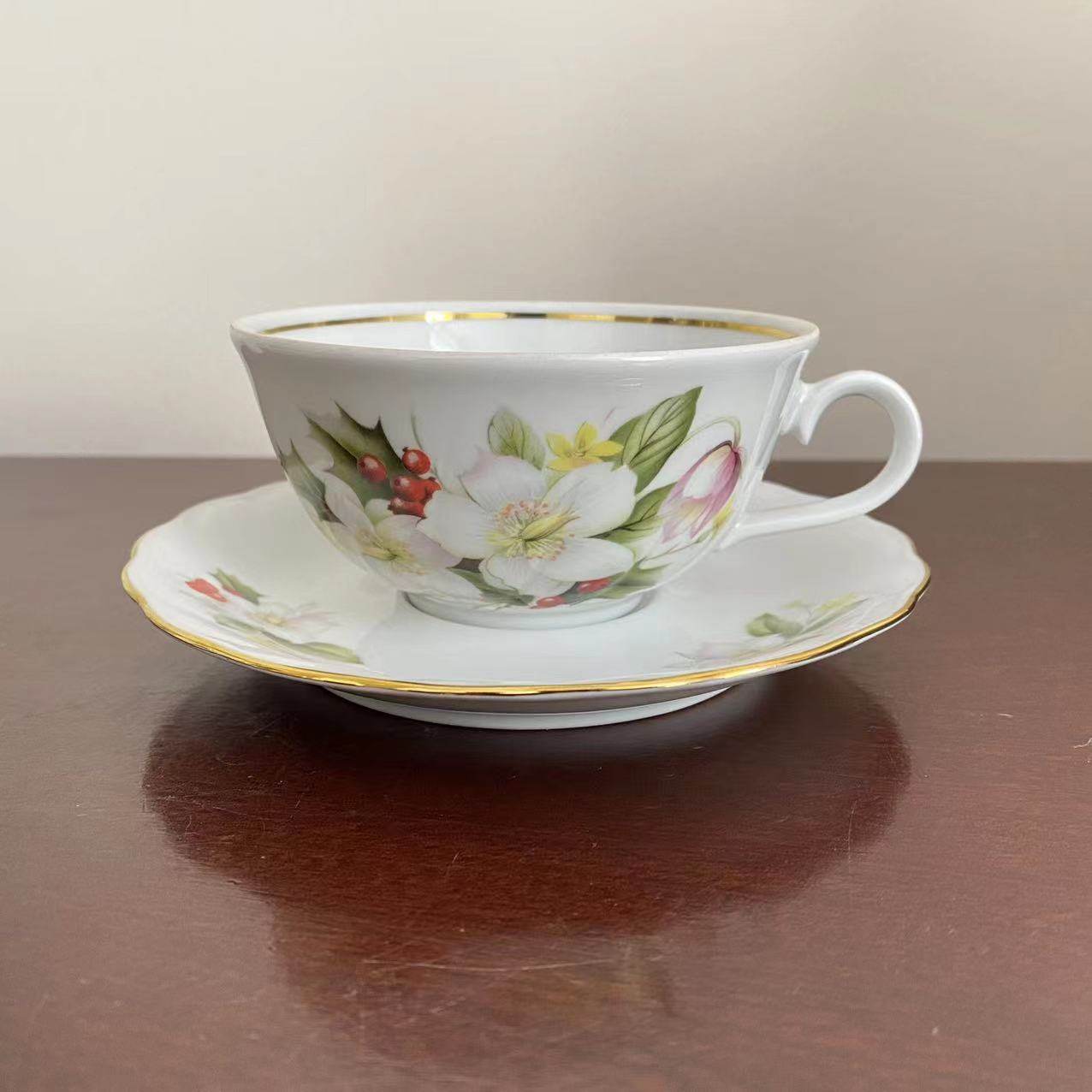 Winterling 德国 中古摆件瓷器 描金花卉茶杯 Roslau 摩卡咖啡杯
