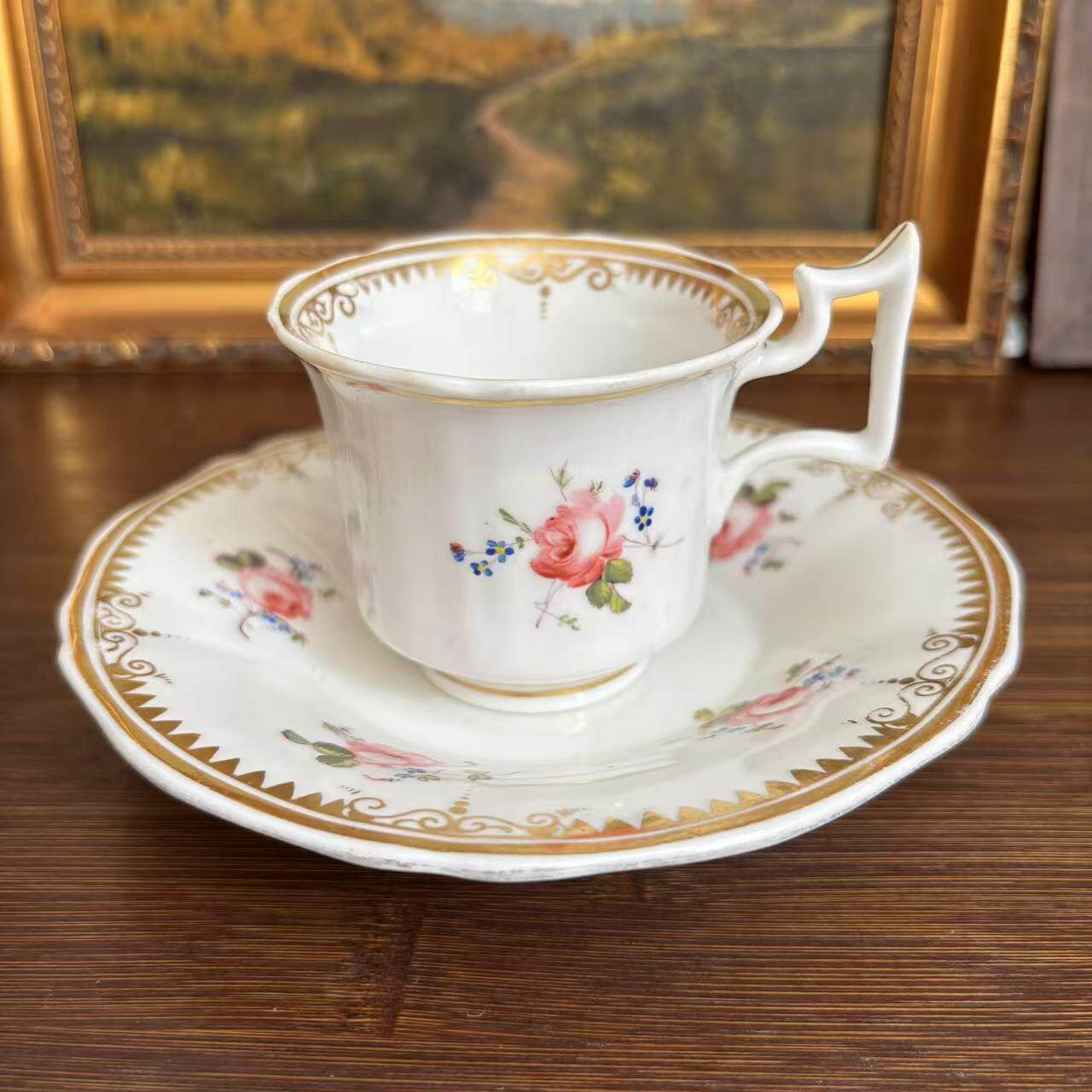 Old Paris 19世纪法国老巴黎瓷器 鎏金花卉咖啡杯 古董收藏茶杯