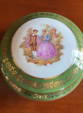 法国利摩日 Limoges 西洋洛可可首饰罐绿色珠宝盖盒 摆件装饰瓷罐