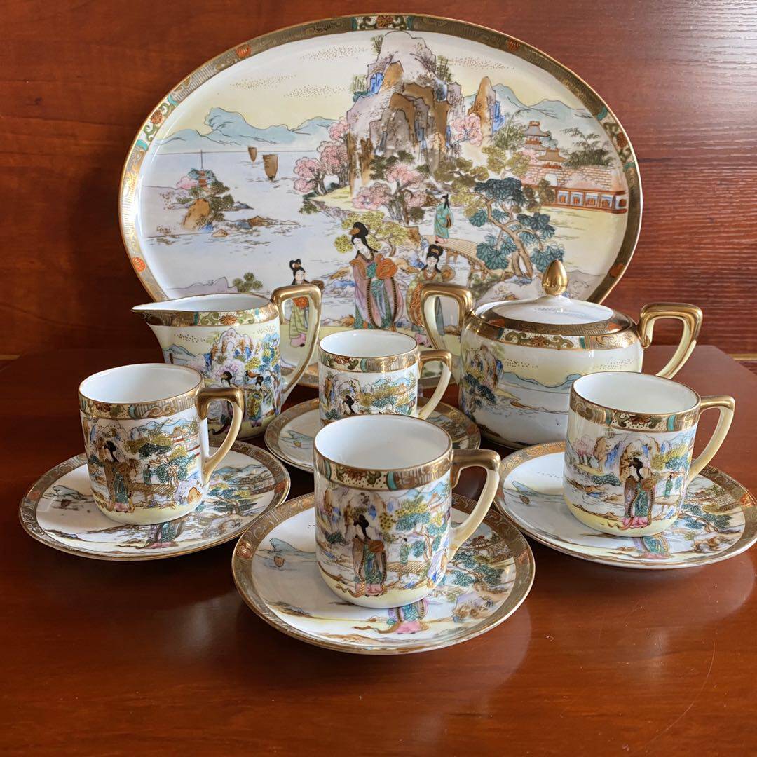 日本明治 Noritake 古董瓷器茶杯 瓷茶具 则武手绘人物风景咖啡杯