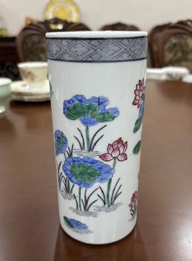 欧洲回流 香港 广彩手绘荷花帽筒 孤品收藏 玄关装饰笔筒摆件瓷器