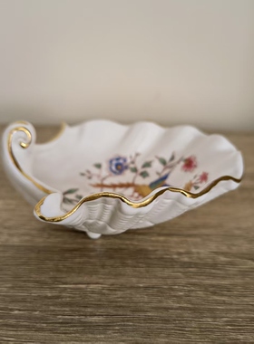 Hammersley 哈默斯利 贝壳型切尔西鸟小瓷碟 描金花边摆件茶包盘