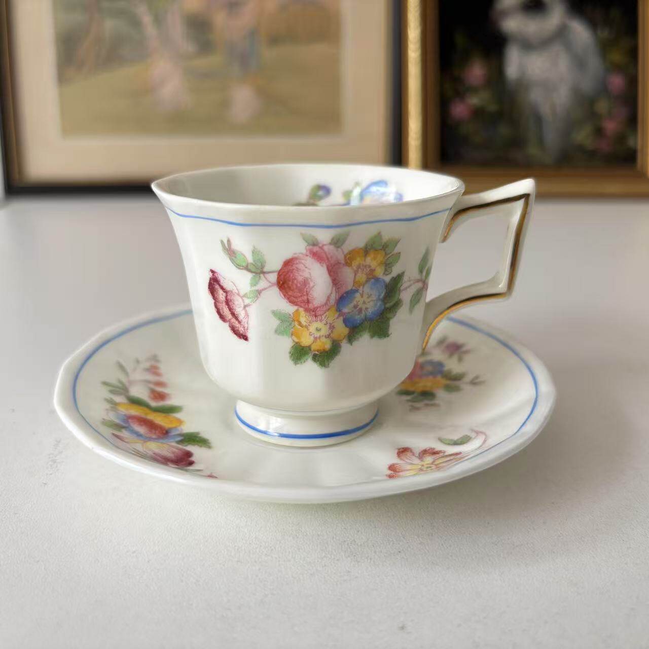 Crescent 新月 手绘花卉古董咖啡杯 英国收藏老瓷器 孤品下午茶杯