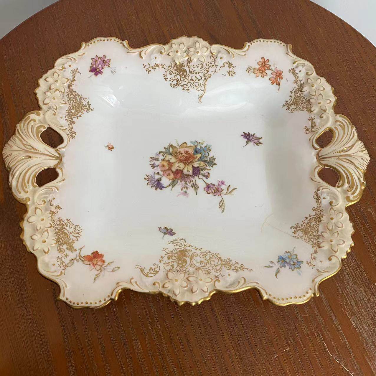 Royal Doulton 皇家道尔顿 1886-1902年古董手绘果盘 鎏金双耳碟