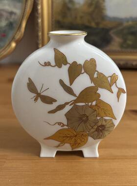 Royal Worcester 皇家伍斯特 1880年古董手绘金蚀牵牛花昆虫花瓶