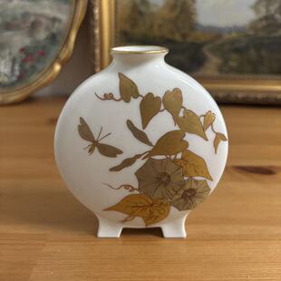 皇家伍斯特 1880年古董手绘金蚀牵牛花昆虫花瓶 Worcester Royal