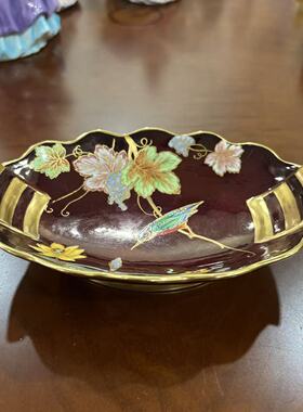 Carlton Ware 卡尔顿瓷厂 英国古董重鎏金 手绘金花鸟双耳收藏盘