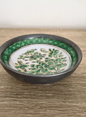 欧洲回流 手绘绿彩描金锡包瓷彩碗 花卉香港聚宝碗 收藏瓷器茶托