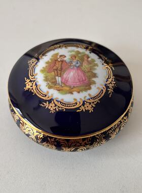 Limoges 利摩日 法国钴蓝人物收藏首饰盒 西洋贵族装饰瓷罐 摆件