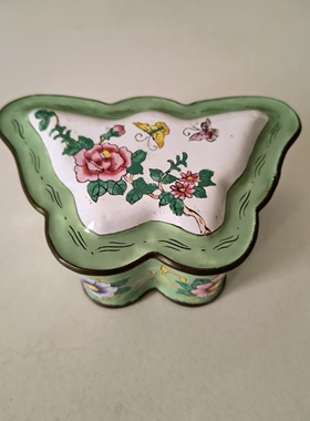 欧洲回流 早期铜胎珐琅画 孤品手绘蝴蝶花卉蝶型首饰盒收藏摆件