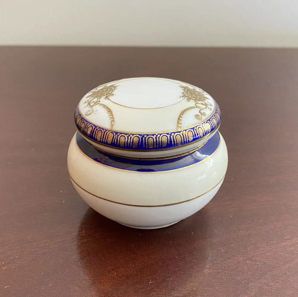 则武 Noritake 钴蓝描金纹饰手绘古董首饰盒 瓷盒 日本摆件老瓷罐
